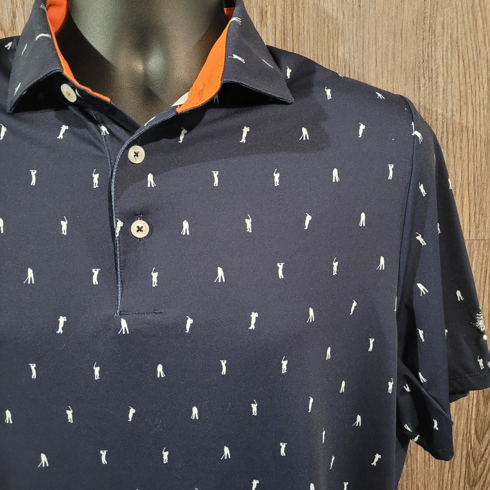 KJUS Golf Polo Size Large Dark Blue Golfer AOP Short Sleeve UPF 50+ MINOR FLAW